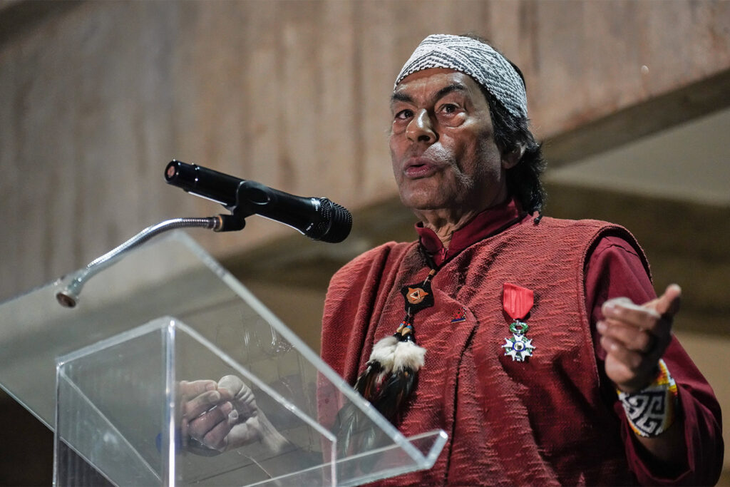 Ailton Krenak gives a speech after receiving the insignia of Knight of the National Order of the Legion of Honor