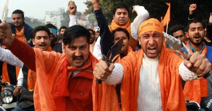 Bajrang Dal members during a bike rally in Jammu, India