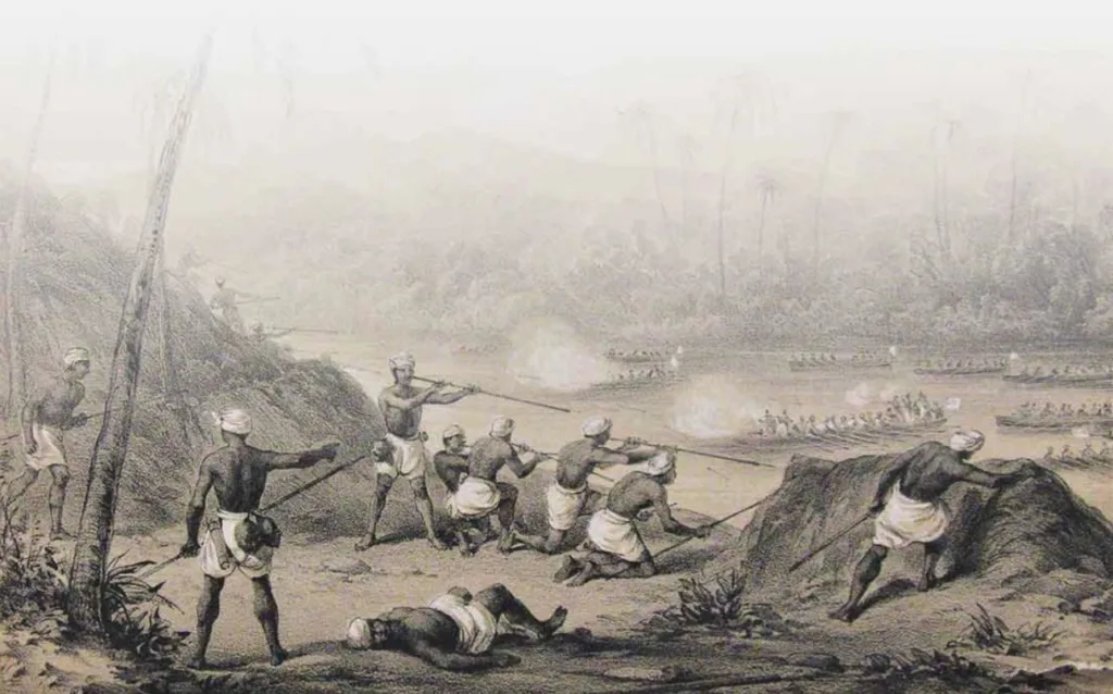Native Dayaks (or Dyaks) in Sarawak using sumpita, or blowpipes, to defend themselves from a coastal attack led by James Brooke, the White Rajah of Sarawak.
