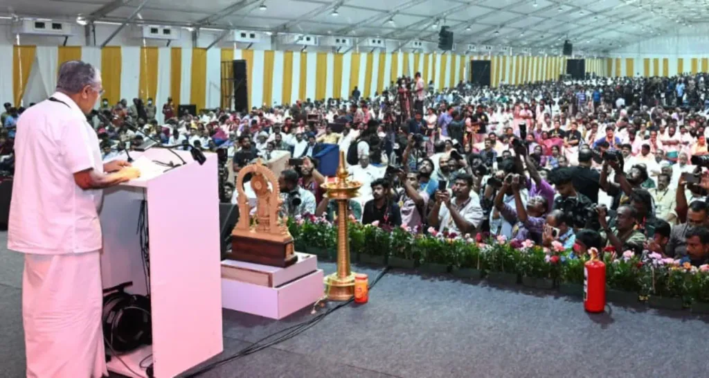 Former Kerala Chief Minister Pinarayi Vijayan speaks at the Global Ayyappa Sangamam in Pamba, Kerala.