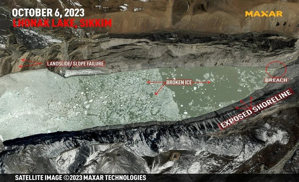 Satellite imagery of South Lhonak Lake illustrates the changing Himalayan landscape behind the 2023 Teesta GLOF.